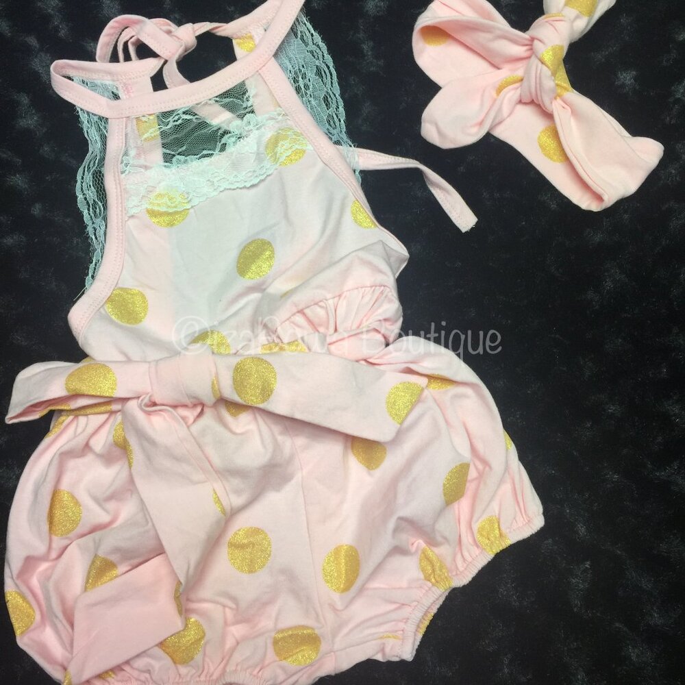 Pink & Gold Lace Belted Bubble Romper  7369  NWT Boutique